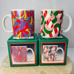 Vintage‎ Retro Century Stoneware Thailand Mug Set Candy Cane  French Horns Cup